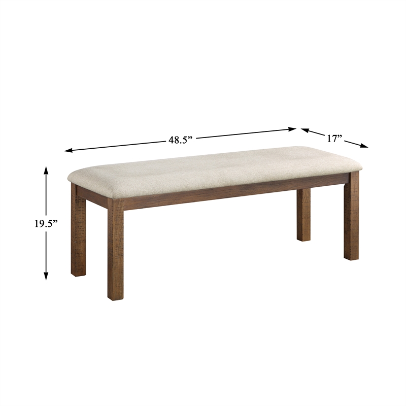 Pemberly Row Pine Wood Dining Bench with Fabric Seat in Brown Finish