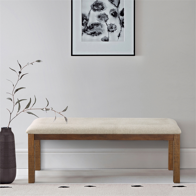 Pemberly Row Pine Wood Dining Bench with Fabric Seat in Brown Finish