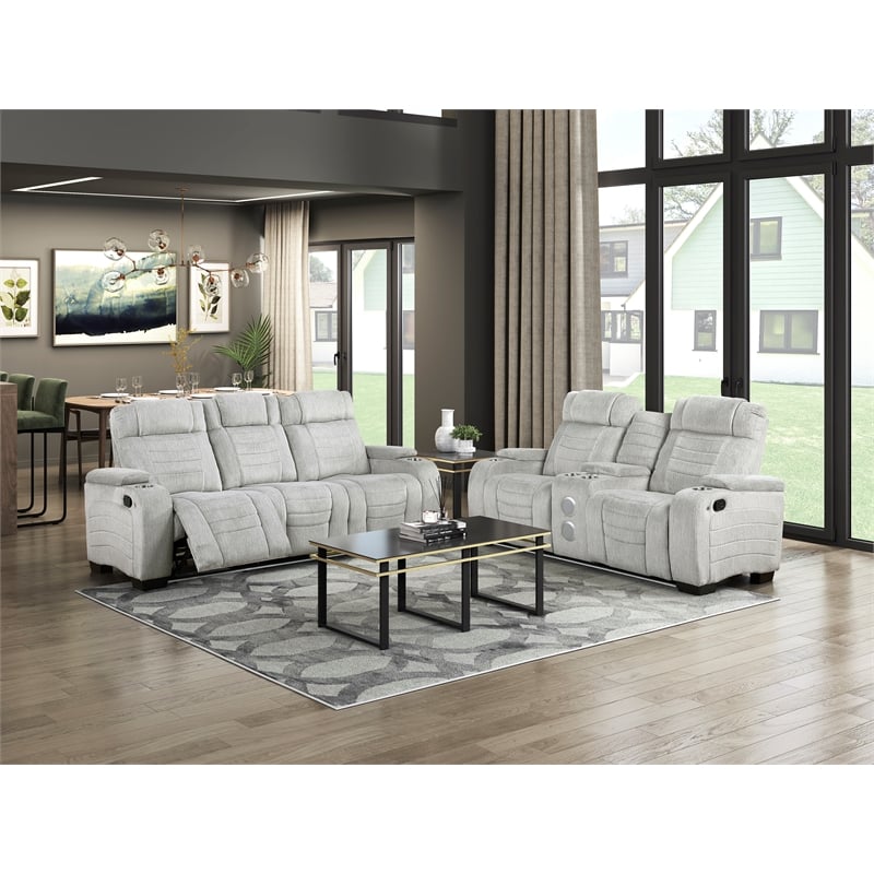 Pemberly Row Double Reclining Loveseat with LED & Speakers in Light Gray