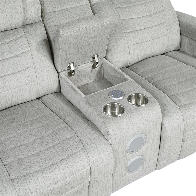 Pemberly Row Double Reclining Loveseat with LED & Speakers in Light Gray