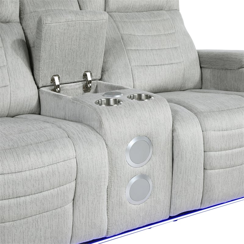 Pemberly Row Double Reclining Loveseat with LED & Speakers in Light Gray