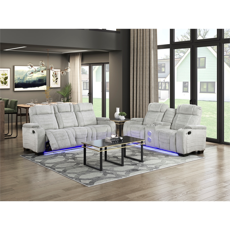 Pemberly Row Double Reclining Loveseat with LED & Speakers in Light Gray
