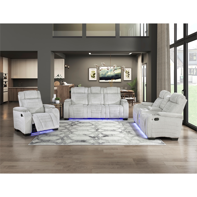 Pemberly Row Double Reclining Loveseat with LED & Speakers in Light Gray