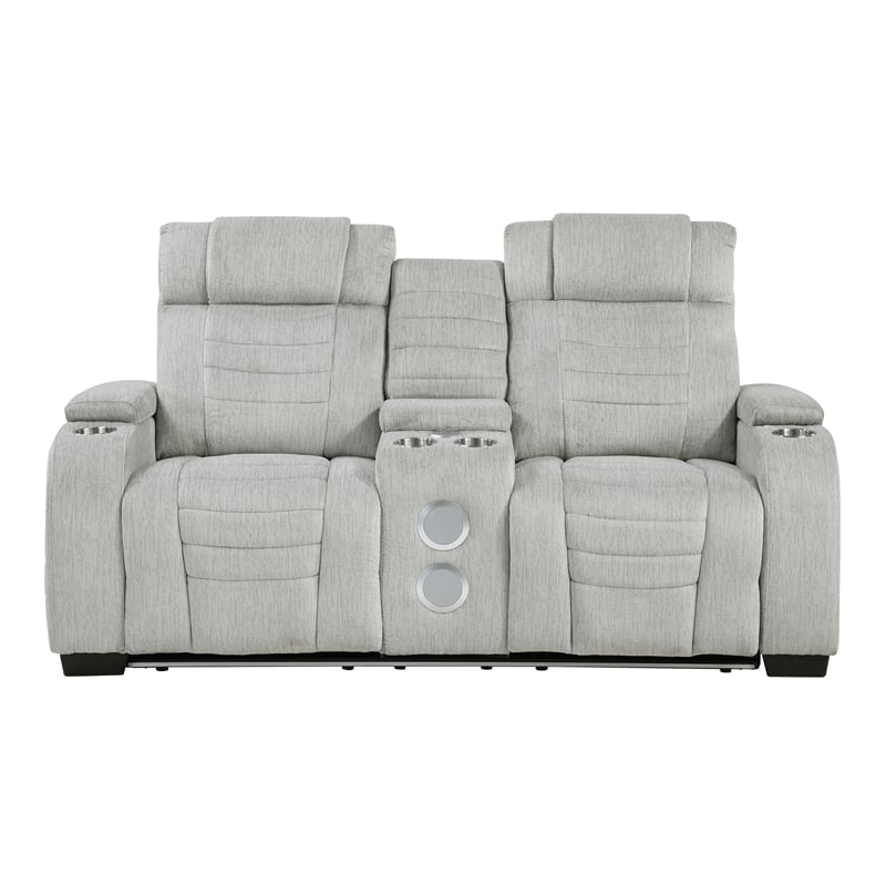 Pemberly Row Double Reclining Loveseat with LED & Speakers in Light Gray