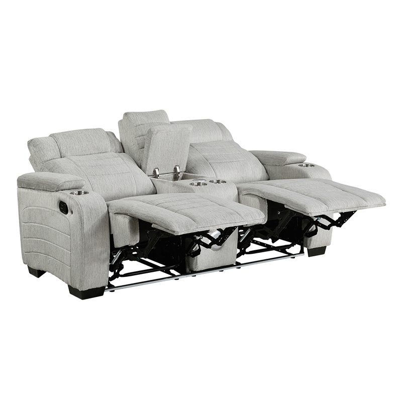 Pemberly Row Double Reclining Loveseat with LED & Speakers in Light Gray