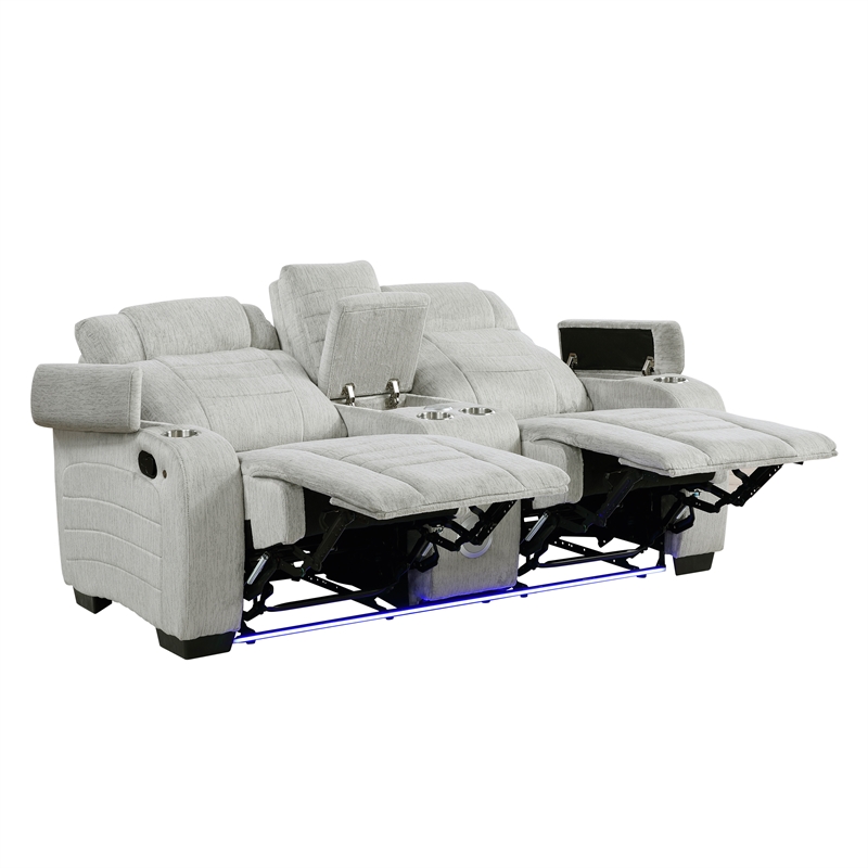 Pemberly Row Double Reclining Loveseat with LED & Speakers in Light Gray