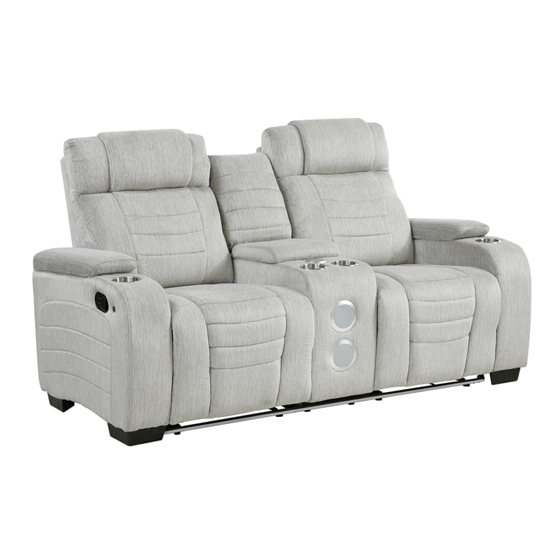 Pemberly Row Double Reclining Loveseat with LED & Speakers in Light Gray