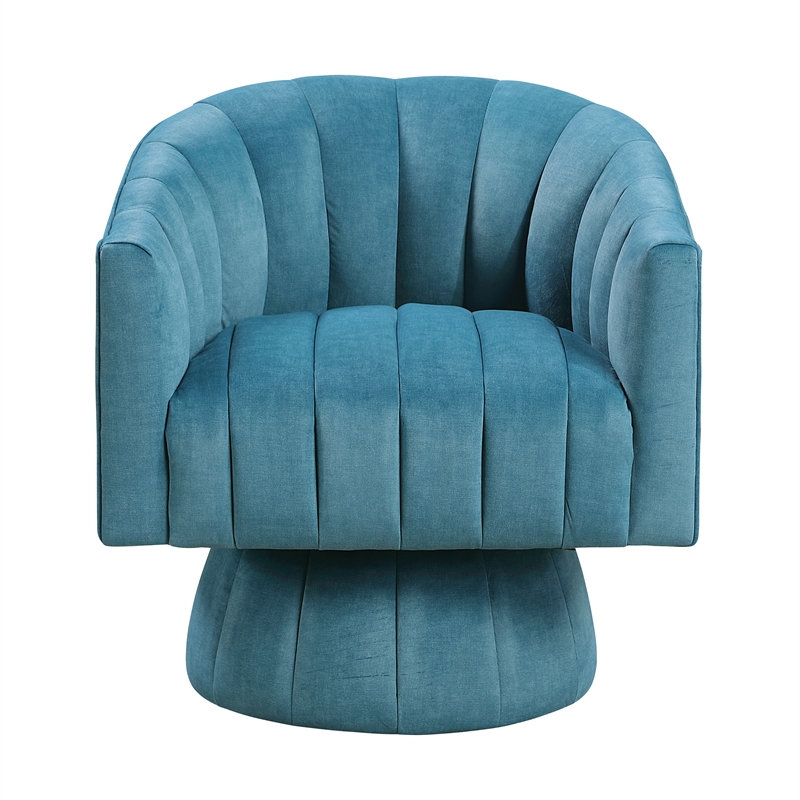 Pemberly Row Velvet Barrel Back Swivel Chair with Channel Stitching in Dark Teal