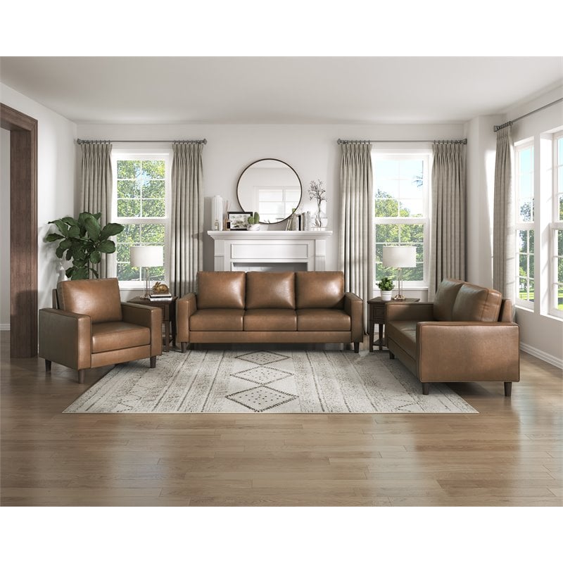 Pemberly Row Faux Leather Arm Chair with Foam Over Pocket Coils in Brown