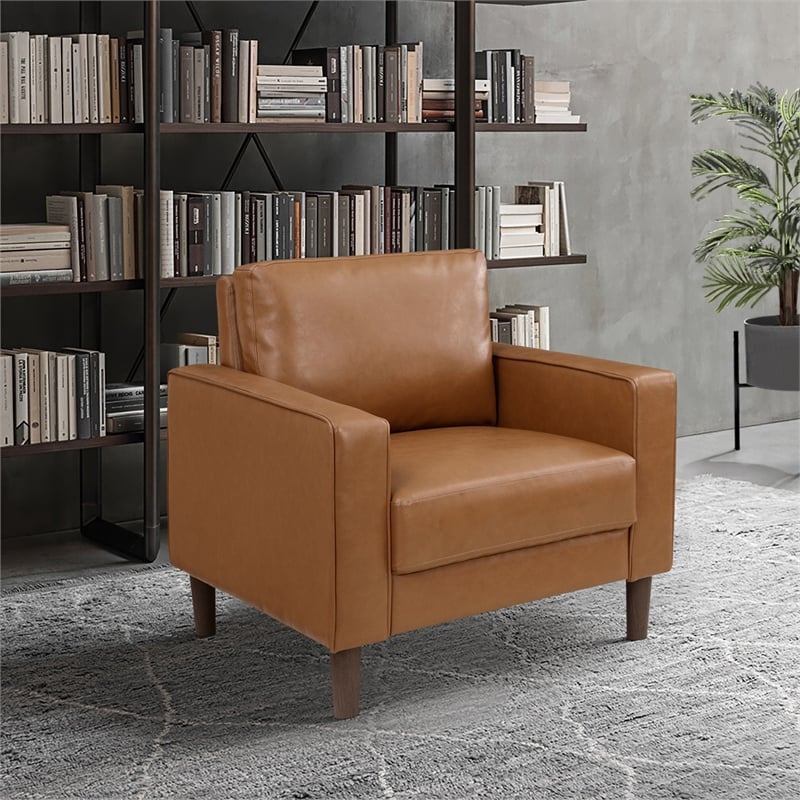 Pemberly Row Faux Leather Arm Chair with Foam Over Pocket Coils in Brown