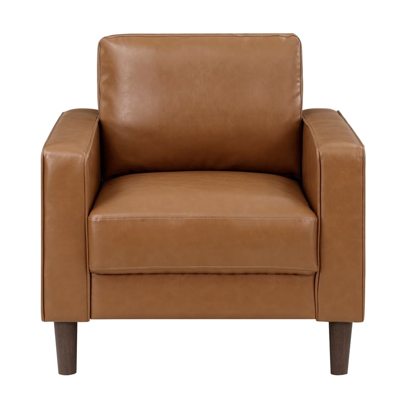 Pemberly Row Faux Leather Arm Chair with Foam Over Pocket Coils in Brown