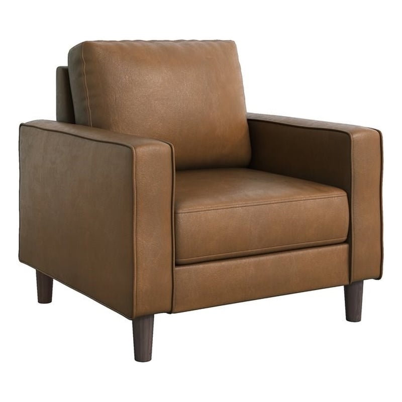 Pemberly Row Faux Leather Arm Chair with Foam Over Pocket Coils in Brown