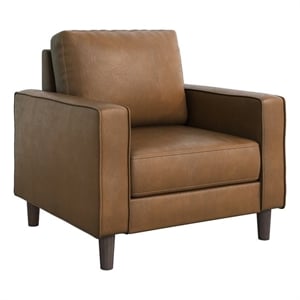 Pemberly Row Faux Leather Arm Chair with Foam Over Pocket Coils in Brown