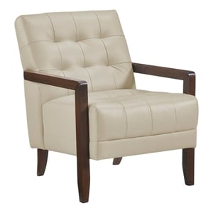 Pemberly Row Top-Grain Leather Tufted Accent Chair with Walnut Frame in Beige