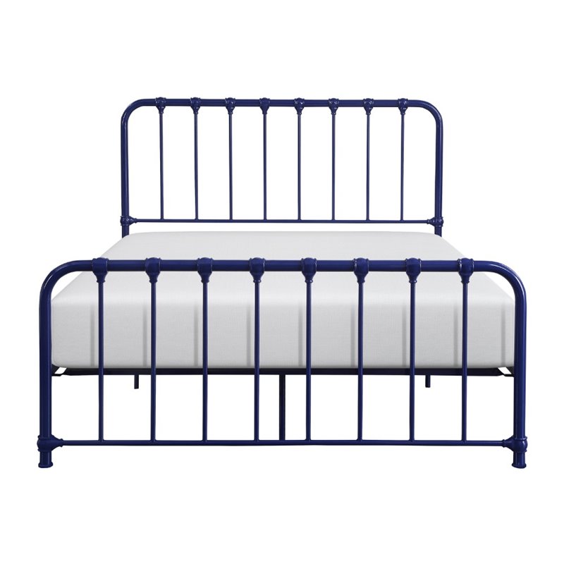 Pemberly Row Queen Metal Platform Bed with Traditional Accents in Navy Blue
