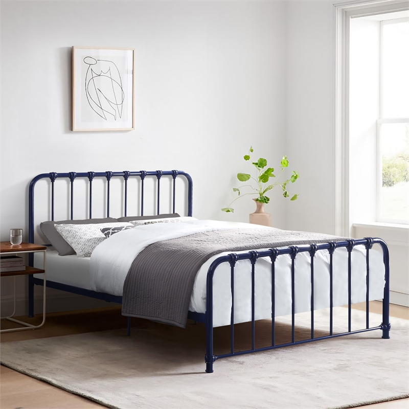 Pemberly Row Queen Metal Platform Bed with Traditional Accents in Navy Blue