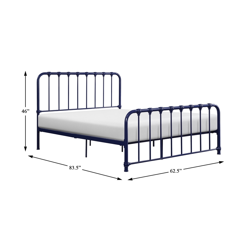 Pemberly Row Queen Metal Platform Bed with Traditional Accents in Navy Blue
