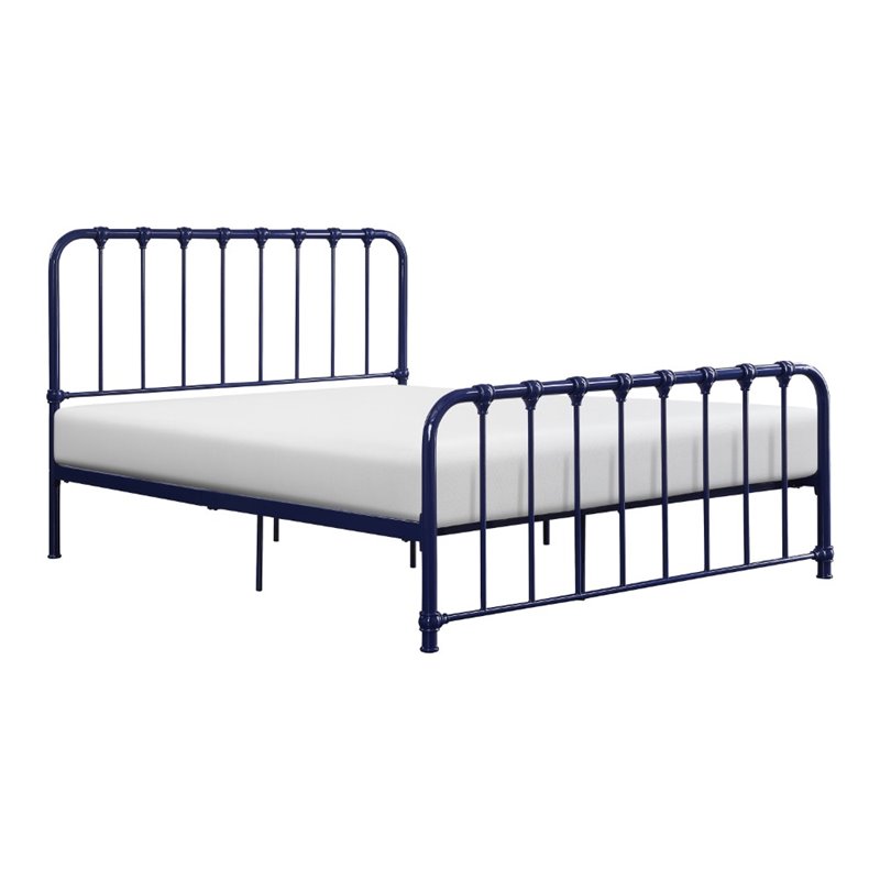 Pemberly Row Queen Metal Platform Bed with Traditional Accents in Navy Blue