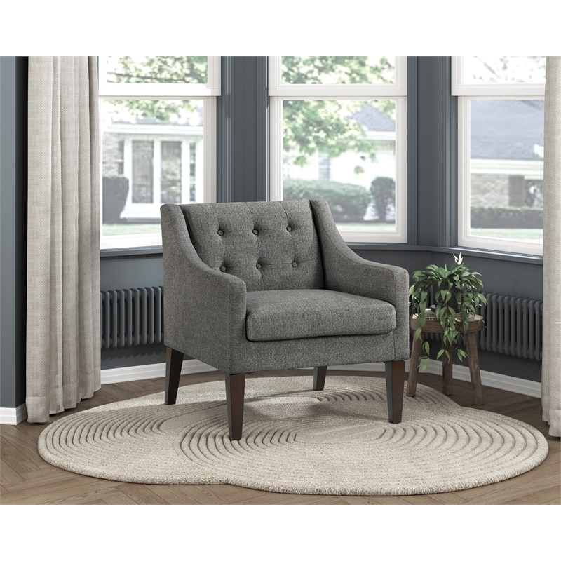 Pemberly Row Textured Mid-Century Tufted Accent Chair with Wood Legs - Dark Gray