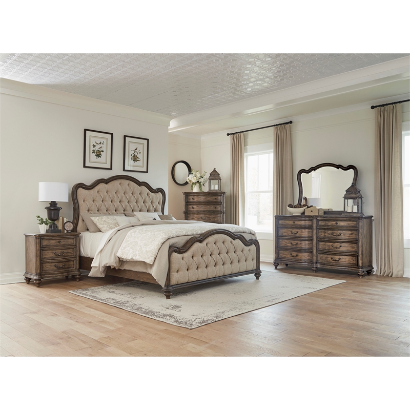 Pemberly Row Upholstered Queen Bed with Tufted Headboard in Brown Oak Finish