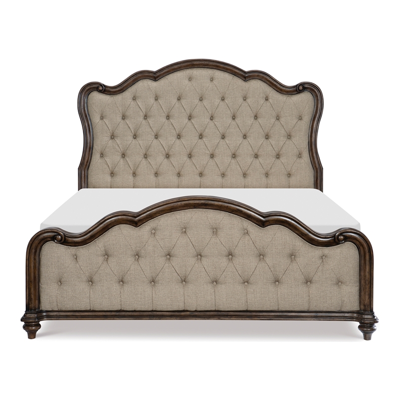 Pemberly Row Upholstered Queen Bed with Tufted Headboard in Brown Oak Finish