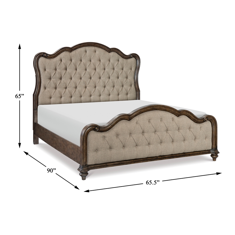 Pemberly Row Upholstered Queen Bed with Tufted Headboard in Brown Oak Finish