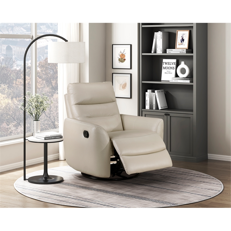 Pemberly Row Top-Grain Leather Swivel Glider Reclining Chair in Taupe