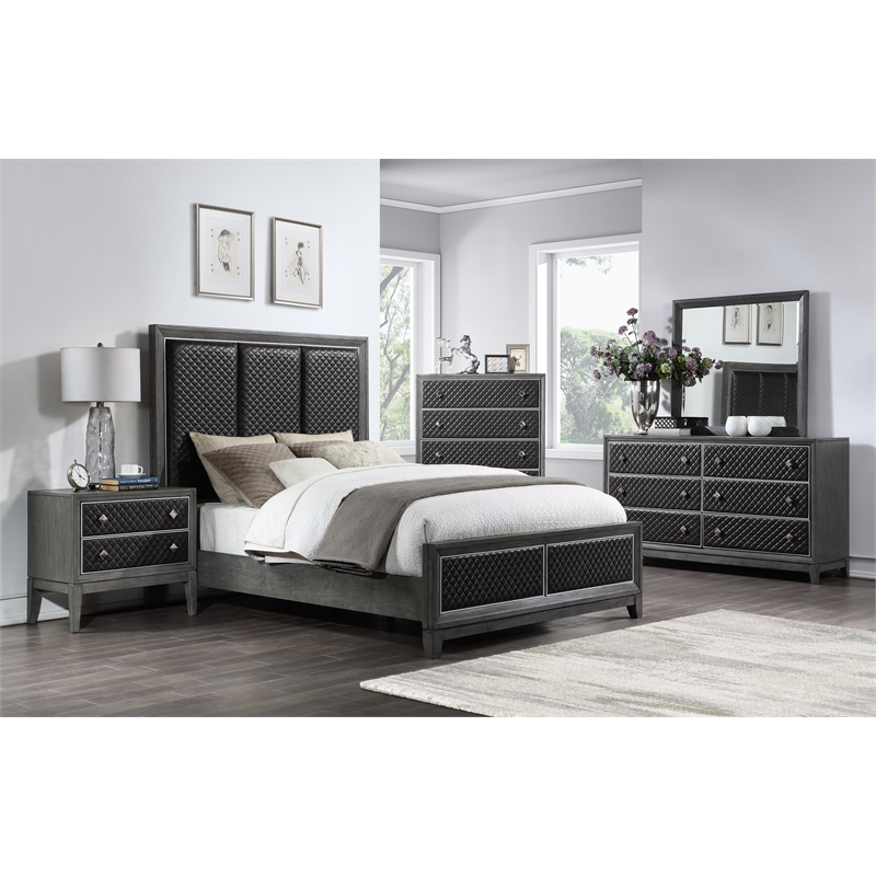 Pemberly Row Upholstered Queen Bed with Quilted Faux Leather - Wire-Brushed Gray