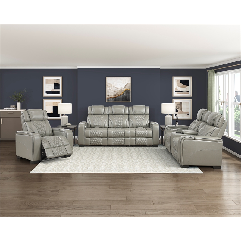 Pemberly Row Leather Power Reclining Chair with Headrest and Massage in Gray