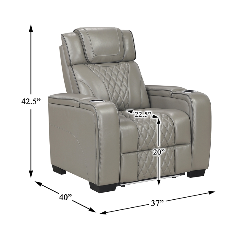 Pemberly Row Leather Power Reclining Chair with Headrest and Massage in Gray