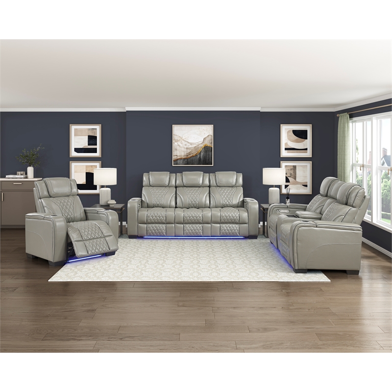 Pemberly Row Leather Power Reclining Chair with Headrest and Massage in Gray