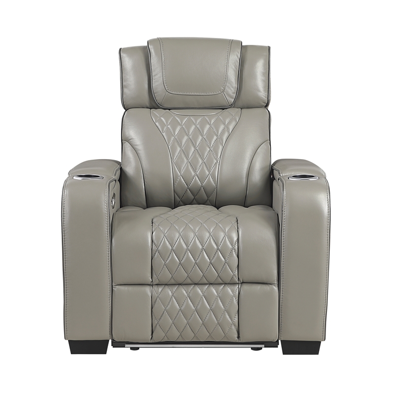 Pemberly Row Leather Power Reclining Chair with Headrest and Massage in Gray