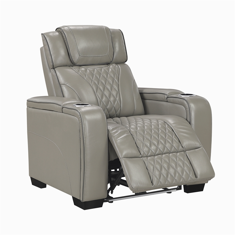 Pemberly Row Leather Power Reclining Chair with Headrest and Massage in Gray