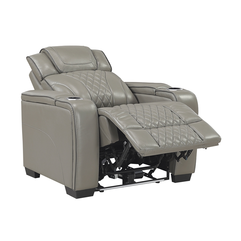 Pemberly Row Leather Power Reclining Chair with Headrest and Massage in Gray