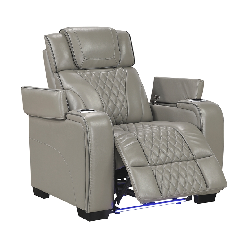 Pemberly Row Leather Power Reclining Chair with Headrest and Massage in Gray