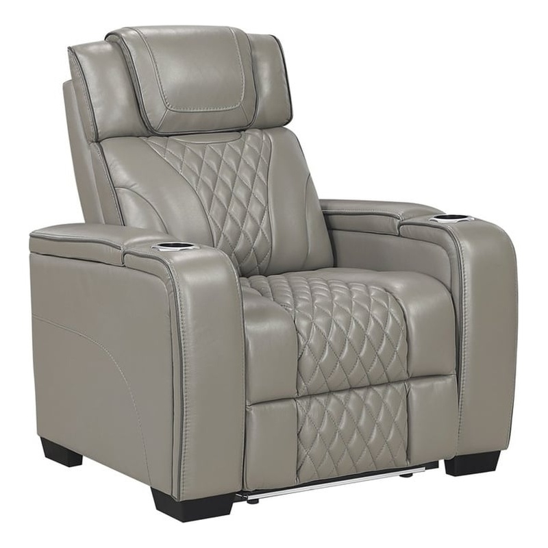 Pemberly Row Leather Power Reclining Chair with Headrest and Massage in Gray
