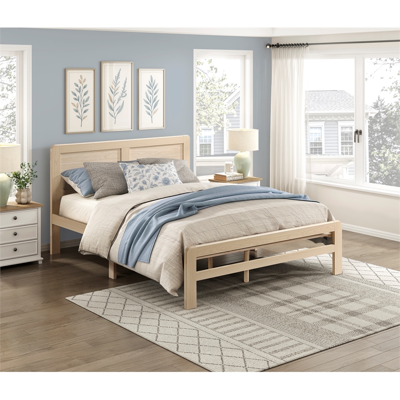Pemberly Row Asian Hardwood Full Platform Bed with Headboard in Natural
