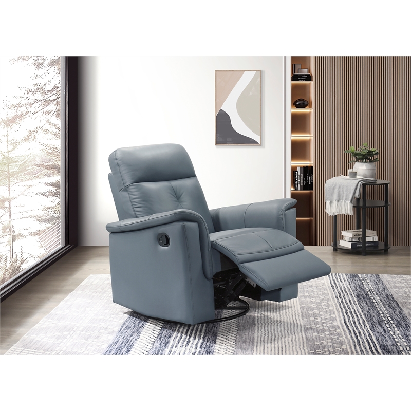 Pemberly Row Top Grain Leather Swivel Glider Reclining Chair in Blue Gray