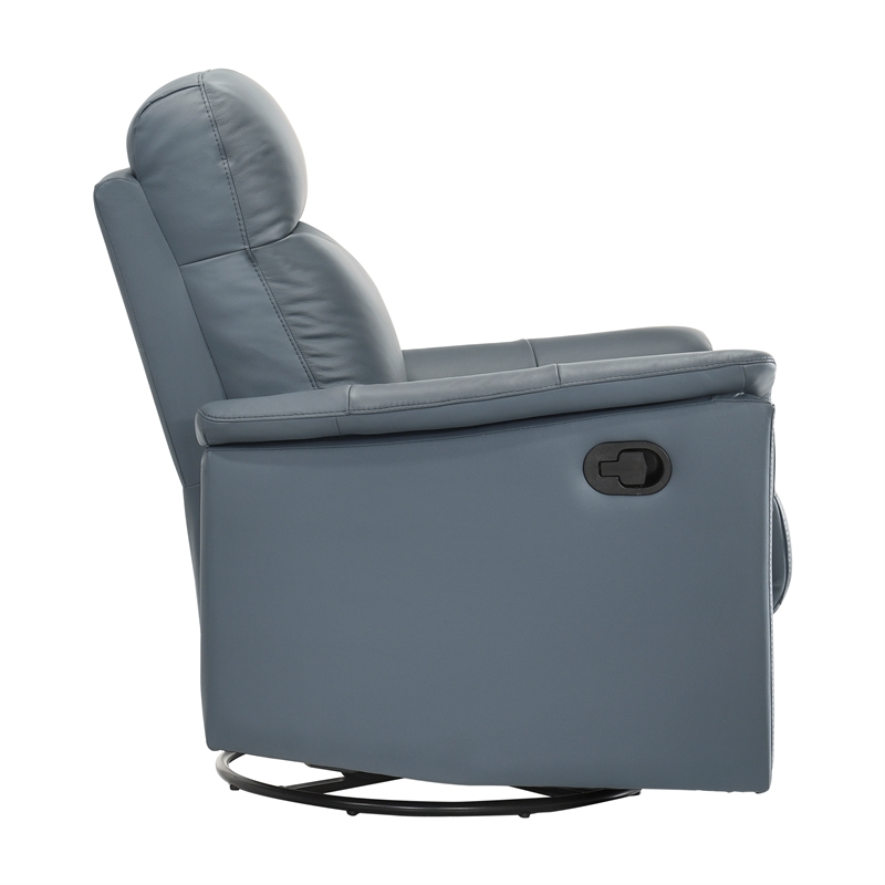 Pemberly Row Top Grain Leather Swivel Glider Reclining Chair in Blue Gray