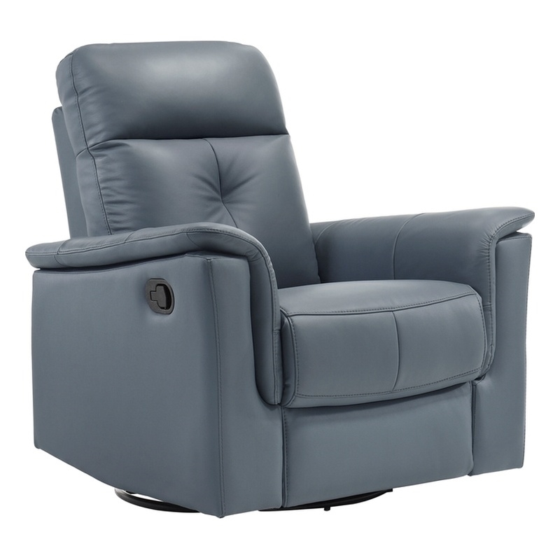 Pemberly Row Top Grain Leather Swivel Glider Reclining Chair in Blue Gray