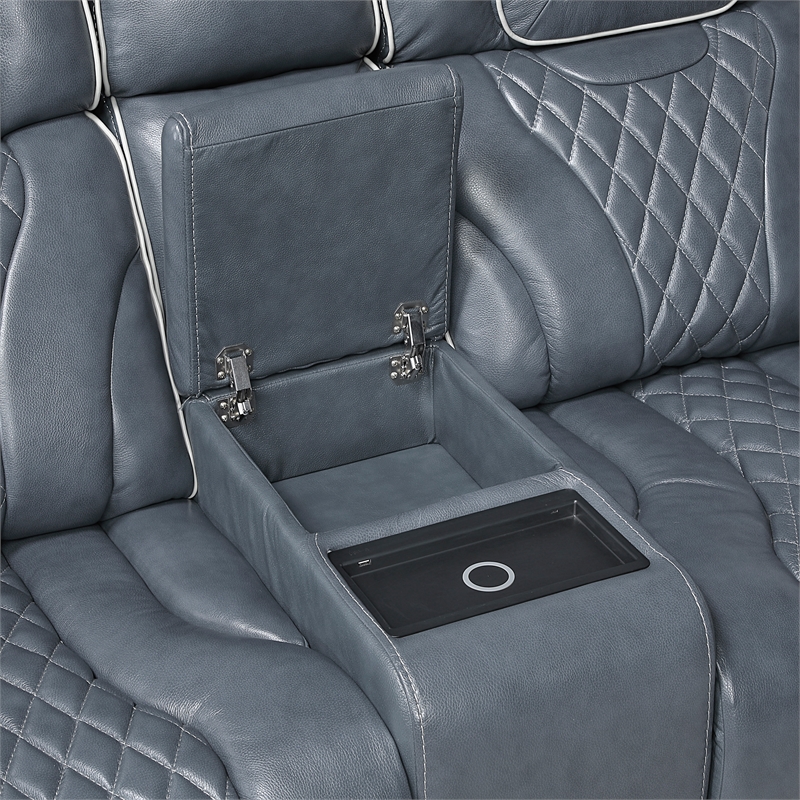 Pemberly Row Top Grain Leather Power Reclining Sofa and Loveseat in Blue