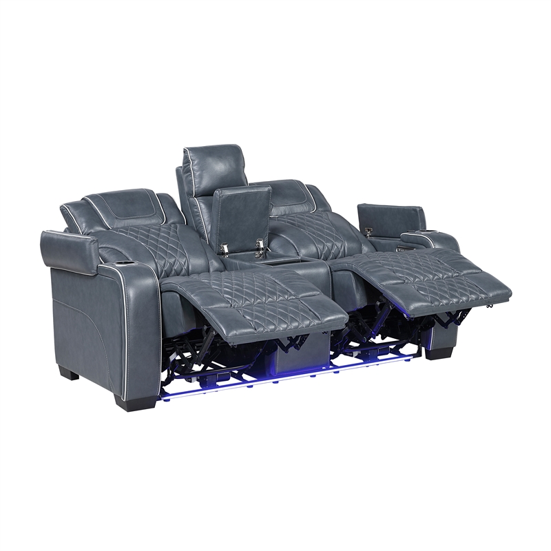 Pemberly Row Top Grain Leather Power Reclining Sofa and Loveseat in Blue