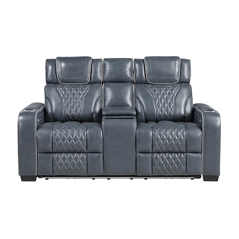 Pemberly Row Top Grain Leather Power Reclining Sofa and Loveseat in Blue