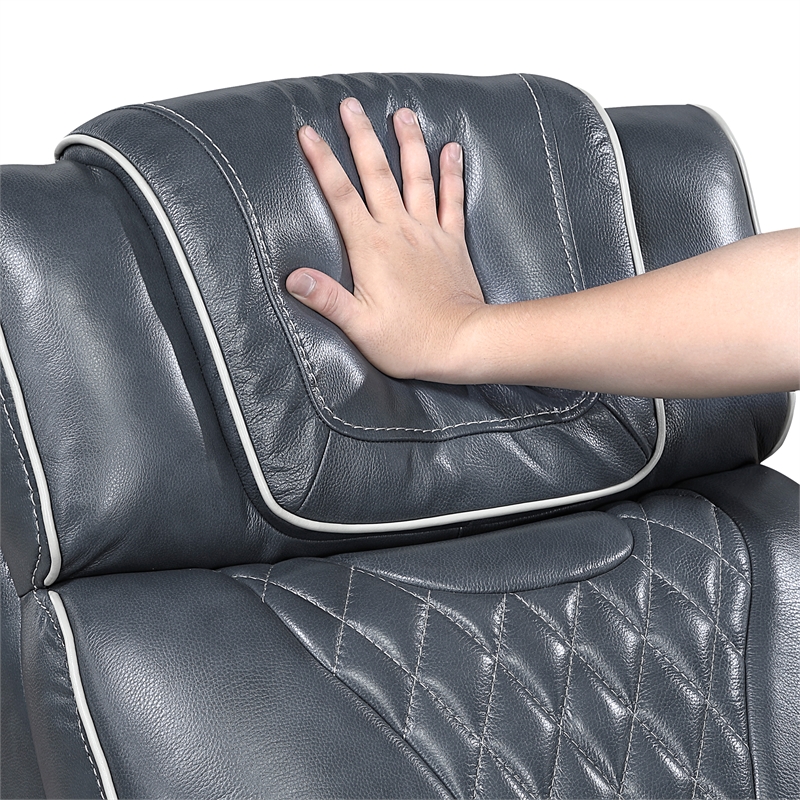 Pemberly Row Top Grain Leather Power Reclining Sofa and Loveseat in Blue