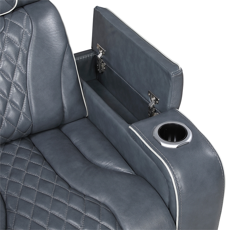 Pemberly Row Top Grain Leather Power Reclining Sofa and Loveseat in Blue