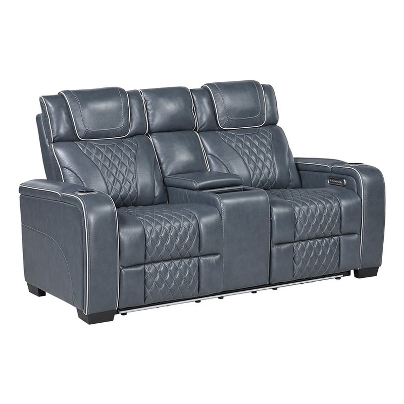 Pemberly Row Top Grain Leather Power Reclining Sofa and Loveseat in Blue