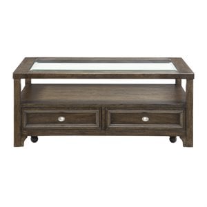 Pemberly Row Birch Veneer 2-Drawer Coffee Table with Casters in Brown Cherry