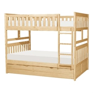Pemberly Row Pine Wood Full Over Full Bunk Bed with Twin Trundle in Natural Pine