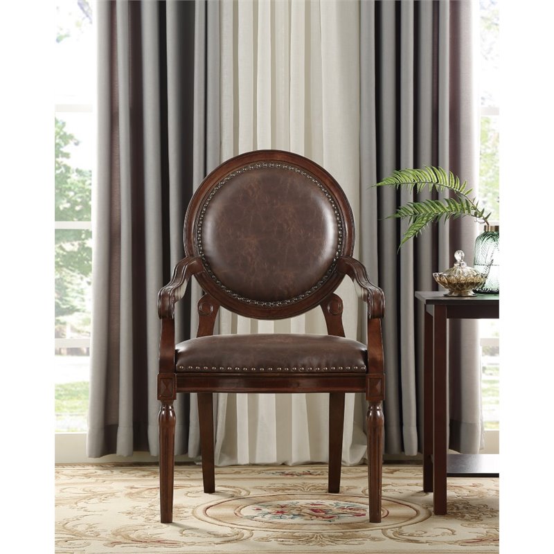Pemberly Row Faux Leather Accent Chair with Nailhead Trim in Dark Brown