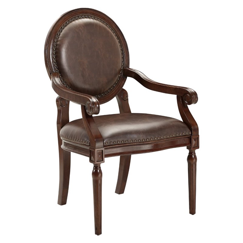 Pemberly Row Faux Leather Accent Chair with Nailhead Trim in Dark Brown
